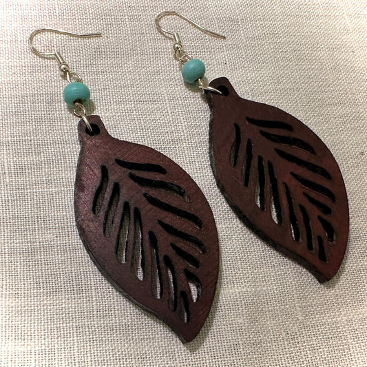 Handcrafted African Hardwood Leaf Earrings with Turquoise Beads
